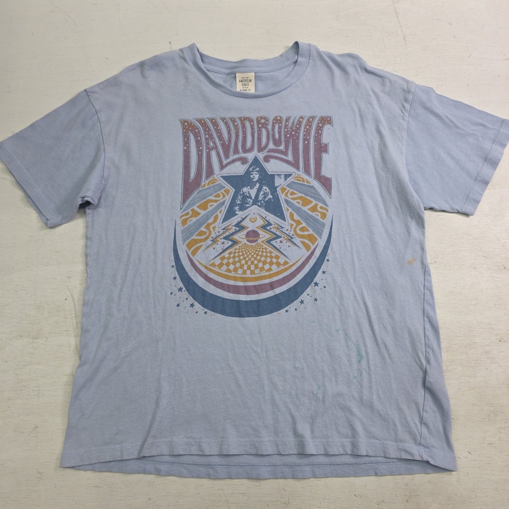 American Eagle David Bowie Band Graphic T-Shirt Light Blue Men's Sz M Paint*